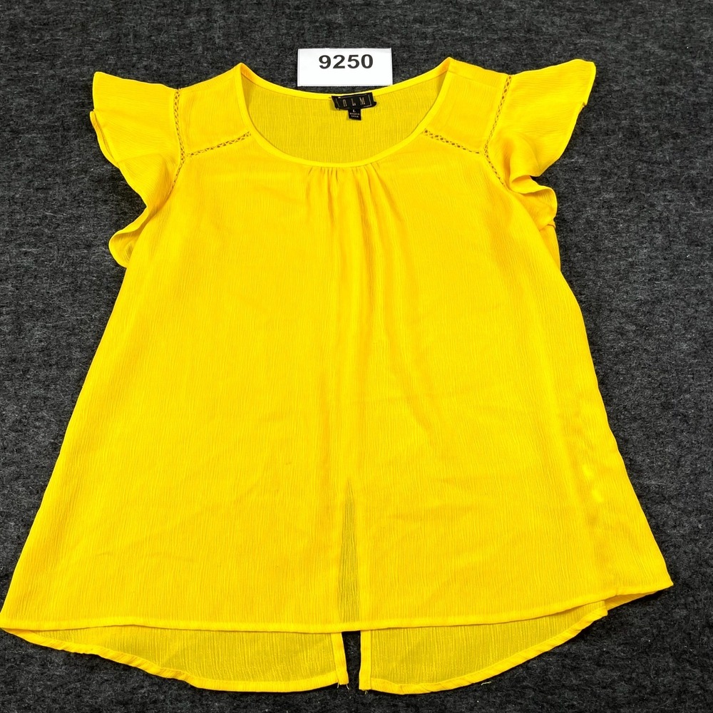 OLM Blouse Top Womens Large Yellow Scoop Neck Back Slit Flutter Sleeve FLAWED